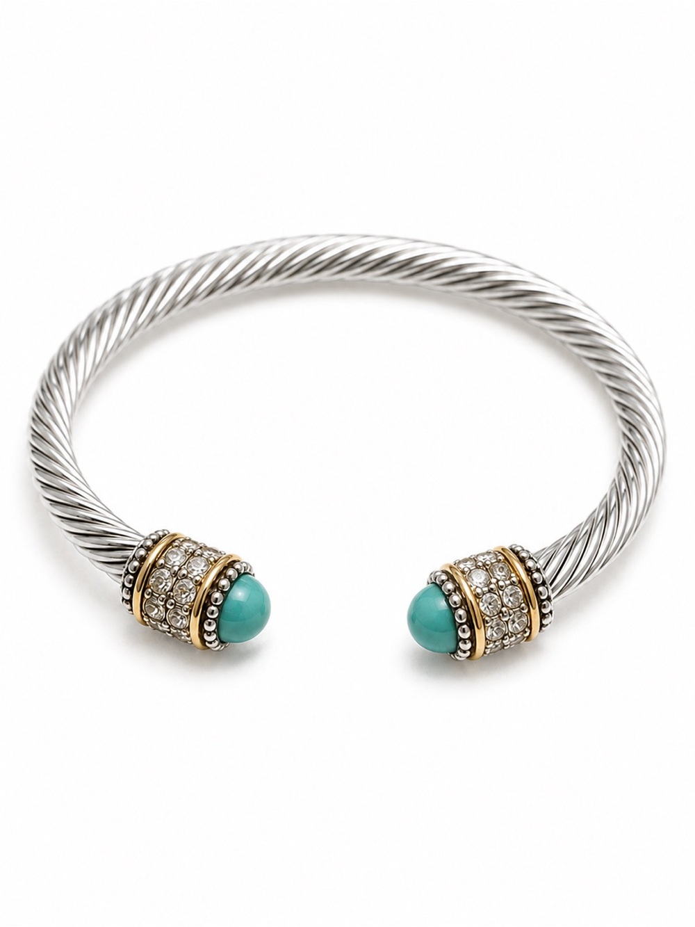 Twisted Silver-Tone Open Cuff Bracelet with Turquoise Cabochon Ends